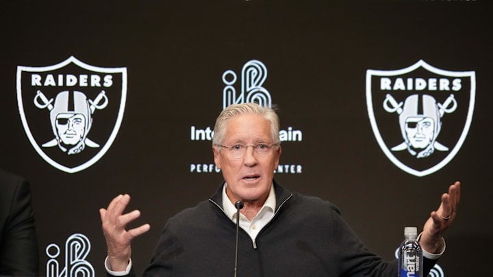 Jan 27, 2025; Las Vegas, NV, USA; Las Vegas Raiders coach Pete Carroll at press conference at Intermountain Health Performance Center. Mandatory Credit: Kirby Lee-Imagn Images Jan 27, 2025; Las Vegas, NV, USA; Las Vegas Raiders coach Pete Carroll at press conference at Intermountain Health Performance Center. Mandatory Credit: Kirby Lee-Imagn Images