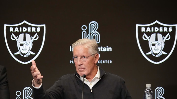 Jan 27, 2025; Las Vegas, NV, USA; Las Vegas Raiders coach Pete Carroll at press conference at Intermountain Health Performance Center. Mandatory Credit: Kirby Lee-Imagn Images