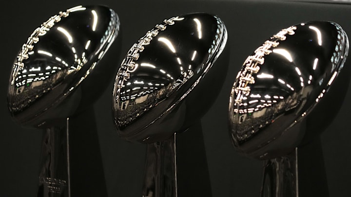 Jan 27, 2025; Henderson, NV, USA; The Oakland and Las Los Angeles Raiders Vince Lombardi Super Bowl 11 (XI), Super Bowl 15 (XV) and Super Bowl 28 (XVIII) champion trophies at the Intermountain Health Performance Center. Mandatory Credit: Kirby Lee-Imagn Images