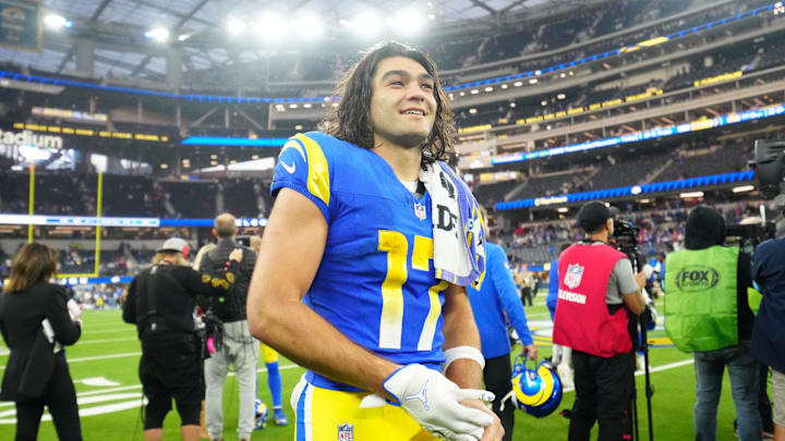 Dec 8, 2024; Inglewood, California, USA; Los Angeles Rams wide receiver Puka Nacua (17) reacts after the game against the Buffalo Bills at SoFi Stadium. Mandatory Credit: Kirby Lee-Imagn Images Dec 8, 2024; Inglewood, California, USA; Los Angeles Rams wide receiver Puka Nacua (17) reacts after the game against the Buffalo Bills at SoFi Stadium. Mandatory Credit: Kirby Lee-Imagn Images