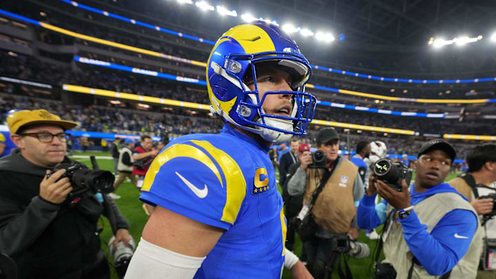 Dec 28, 2024; Inglewood, California, USA; Los Angeles Rams quarterback Matthew Stafford (9) reacts after the game against the Arizona Cardinals at SoFi Stadium. Mandatory Credit: Kirby Lee-Imagn Images Dec 28, 2024; Inglewood, California, USA; Los Angeles Rams quarterback Matthew Stafford (9) reacts after the game against the Arizona Cardinals at SoFi Stadium. Mandatory Credit: Kirby Lee-Imagn Images