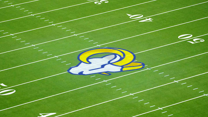 Dec 28, 2024; Inglewood, California, USA; The Los Angeles Rams logo at midfield at SoFi Stadium. Mandatory Credit: Kirby Lee-Imagn Images
