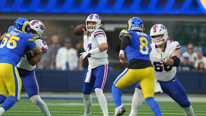 Dec 8, 2024; Inglewood, California, USA; Buffalo Bills quarterback Josh Allen (17) throws the ball against the Los Angeles Rams in the first half at SoFi Stadium. Mandatory Credit: Kirby Lee-Imagn Images