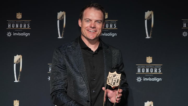 Feb 6, 2025; New Orleans, LA, USA; Minnesota Vikings coach Kevin O'Connell poses with the Coach of the Year award during Super Bowl LIX NFL Honors at Saenger Theatre. 