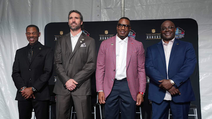 Eric Allen, Jared Allen, Antonio Gates, and Sterling Sharpe pose during the Pro Football Hall of Fame Class of 2025 press conference