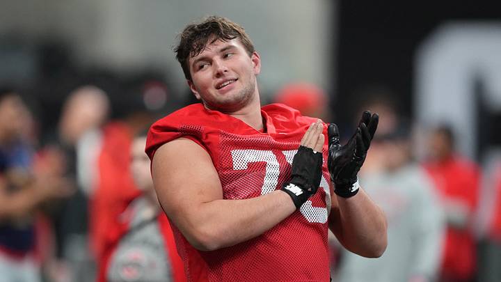 Jan 18, 2025; Atlanta, GA, USA; Ohio State Buckeyes offensive lineman Carson Hinzman (75) during practice at Mercedes-Benz Stadium. Mandatory Credit: Kirby Lee-Imagn Images Jan 18, 2025; Atlanta, GA, USA; Ohio State Buckeyes offensive lineman Carson Hinzman (75) during practice at Mercedes-Benz Stadium. Mandatory Credit: Kirby Lee-Imagn Images