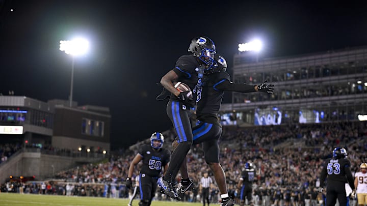SMU Mustangs wide receiver Jordan Hudson (8) celebrates after a touchdown against the Boston College Eagles 
