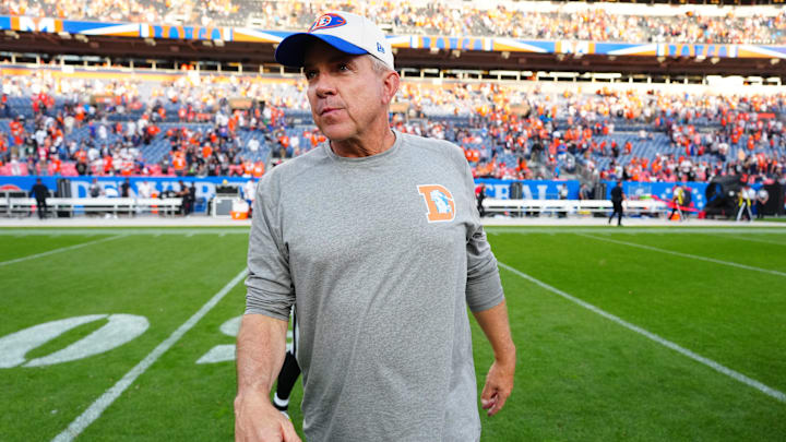 Oct 6, 2024; Denver, Colorado, USA; Denver Broncos head coach Sean Payton following win against the Las Vegas Raiders Empower Field at Mile High. Mandatory Credit: Ron Chenoy-Imagn Images