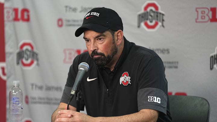 Oct 18, 2025; Madison, Wisconsin, USA; Ohio State Buckeyes head coach Ryan Day speaks in a press conference after the game against the Wisconsin Badgers at Camp Randall Stadium. Mandatory Credit: Jeff Hanisch-Imagn Images