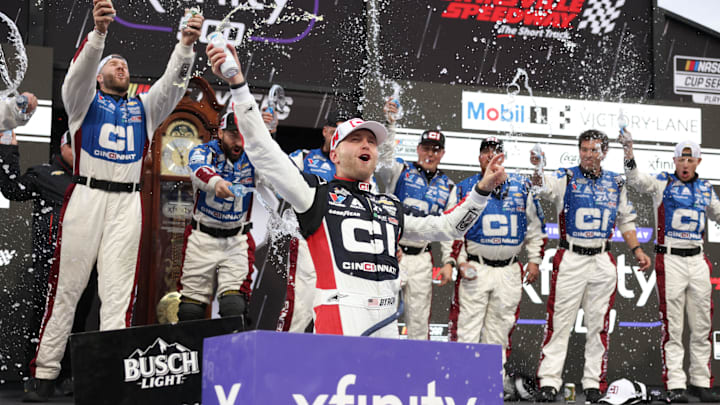 Oct 26, 2025; Martinsville, Virginia, USA; NASCAR Cup Series driver William Byron (24) celebrates his win following the Xfinity 500 at Martinsville Speedway. Oct 26, 2025; Martinsville, Virginia, USA; NASCAR Cup Series driver William Byron (24) celebrates his win following the Xfinity 500 at Martinsville Speedway.