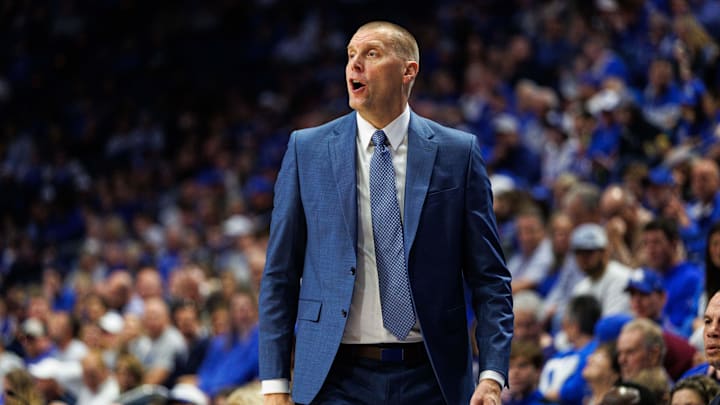Nov 4, 2025; Lexington, Kentucky, USA; Kentucky Wildcats head coach Mark Pope calls out a play during the first half against the Nicholls Colonels at Rupp Arena at Central Bank Center. Mandatory Credit: Jordan Prather-Imagn Images