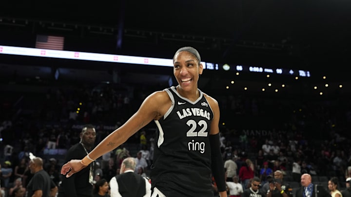 Aug 8, 2025; Las Vegas, Nevada, USA; Las Vegas Aces center A'ja Wilson (22) reacts after an WNBA basketball game against the Seattle Storm at Michelob Ultra Arena. Mandatory Credit: Lucas Peltier-Imagn Images