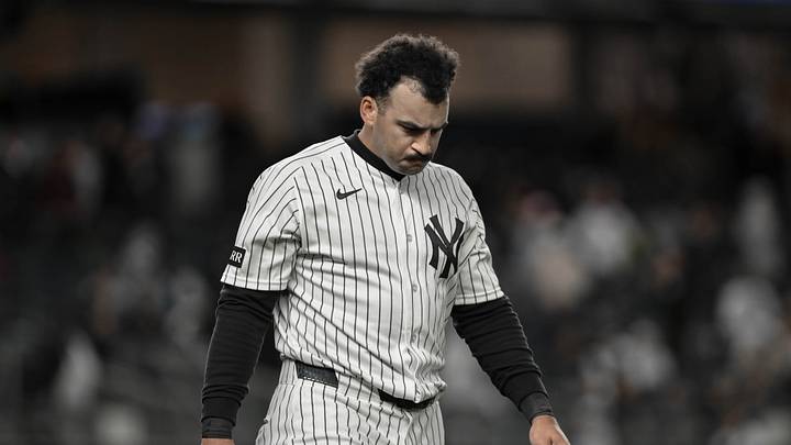 Apr 5, 2026; Bronx, New York, USA; New York Yankees center fielder Trent Grisham (12) reacts after striking out against the Miami Marlins during the sixth inning at Yankee Stadium. Mandatory Credit: John Jones-Imagn Images Apr 5, 2026; Bronx, New York, USA; New York Yankees center fielder Trent Grisham (12) reacts after striking out against the Miami Marlins during the sixth inning at Yankee Stadium. Mandatory Credit: John Jones-Imagn Images