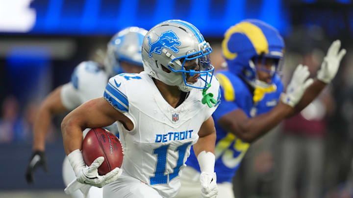 Dec 14, 2025; Inglewood, California, USA; Detroit Lions wide receiver Kalif Raymond (11) runs with the ball during the second quarter against the Los Angeles Rams at SoFi Stadium. Mandatory Credit: Kirby Lee-Imagn Images
