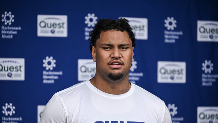 May 9, 2026; East Rutherford, NJ, USA; New York Giants offensive lineman Francis Mauigoa (65) speaks during a press conference at rookie minicamp at Quest Diagnostics Training Center.