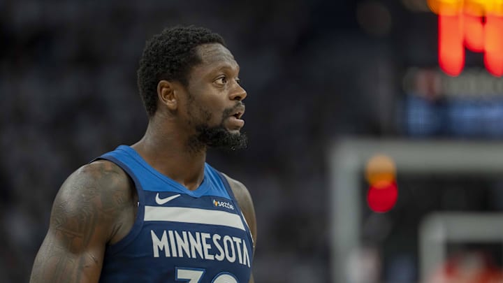 May 14, 2025; Minneapolis, Minnesota, USA; Minnesota Timberwolves forward Julius Randle (30) looks on against the Golden State Warriors in the first half during game five of the second round for the 2025 NBA Playoffs at Target Center. Mandatory Credit: Jesse Johnson-Imagn Images