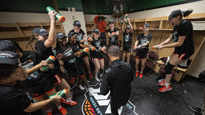 March 11, 2025; Las Vegas, NV, USA; Oregon State Beavers celebrate after defeating the Portland Pilots after the game in the final of the West Coast Conference tournament at Orleans Arena. Mandatory Credit: Kyle Terada-Imagn Images