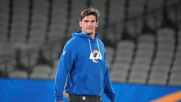 Sep 10, 2026; Melbourne, Victoria, Australia; Los Angeles Rams quarterback Ty Simpson (15) during practice at Marvel Stadium. Mandatory Credit: Kirby Lee-Imagn Images