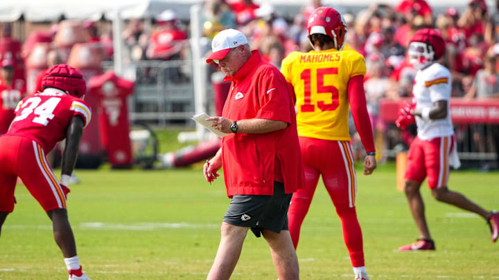 Jul 26, 2024; Kansas City, MO, USA; Kansas City Chiefs head coach Andy Reid walks during training camp at Missouri Western State University. 