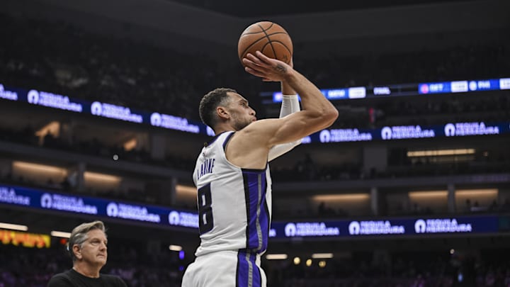 Nov 9, 2025; Sacramento, California, USA; Sacramento Kings guard Zach LaVine (8) shoots the ball during the second quarter against the Minnesota Timberwolves at Golden 1 Center. Mandatory Credit: Justine Willard-Imagn Images