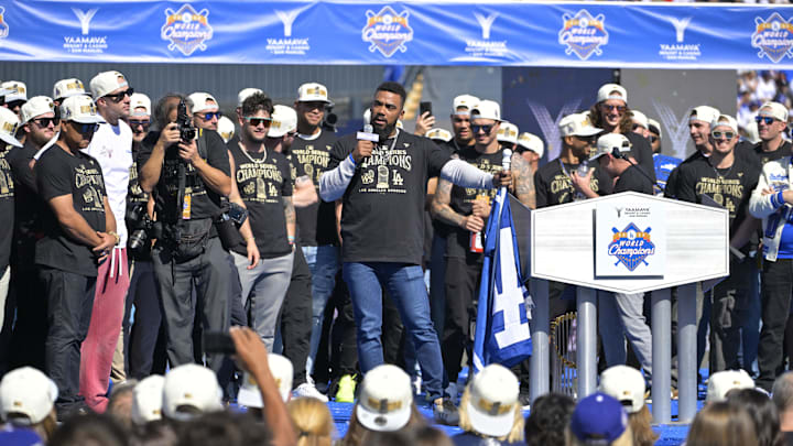 Nov 1, 2024; Los Angeles, CA, USA; Los Angeles Dodgers left fielder Teoscar Hernandez (37) speaks to fans during the World Series Championship Celebration at Dodger Stadium. Mandatory Credit: Jayne Kamin-Oncea-Imagn Images Nov 1, 2024; Los Angeles, CA, USA; Los Angeles Dodgers left fielder Teoscar Hernandez (37) speaks to fans during the World Series Championship Celebration at Dodger Stadium. Mandatory Credit: Jayne Kamin-Oncea-Imagn Images