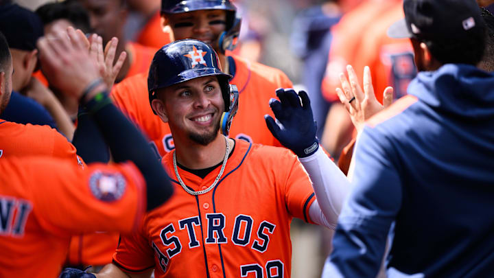 Sep 28, 2025; Anaheim, California, USA; Houston Astros third baseman Ramon Urias (29) is greeted by teammates after hitting a home run during the fifth inning against the Los Angeles Angels at Angel Stadium. Mandatory Credit: William Liang-Imagn Images Sep 28, 2025; Anaheim, California, USA; Houston Astros third baseman Ramon Urias (29) is greeted by teammates after hitting a home run during the fifth inning against the Los Angeles Angels at Angel Stadium. Mandatory Credit: William Liang-Imagn Images