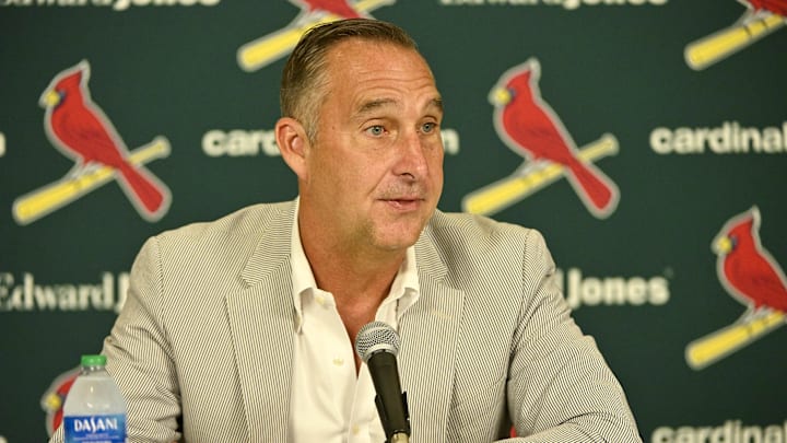 Jul 30, 2023; St. Louis, Missouri, USA;  St. Louis Cardinals president of baseball operations John Mozeliak talks with the media after the Cardinals traded relief pitcher Jordan Hicks (not pictured) starting pitcher Jordan Montgomery (not pictured) and relief pitcher Chris Stratton (not pictured) at Busch Stadium. Mandatory Credit: Jeff Curry-Imagn Images