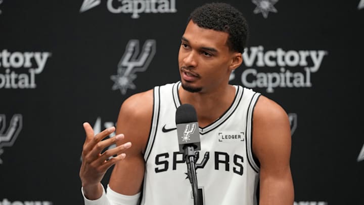 Sep 29, 2025; San Antonio, TX, USA; San Antonio Spurs forward-center Victor Wembanyama (1) answers questions from the media during Media Day at Victory Capital Performance Center in San Antonio. Mandatory Credit: Scott Wachter-Imagn Images Sep 29, 2025; San Antonio, TX, USA; San Antonio Spurs forward-center Victor Wembanyama (1) answers questions from the media during Media Day at Victory Capital Performance Center in San Antonio. Mandatory Credit: Scott Wachter-Imagn Images