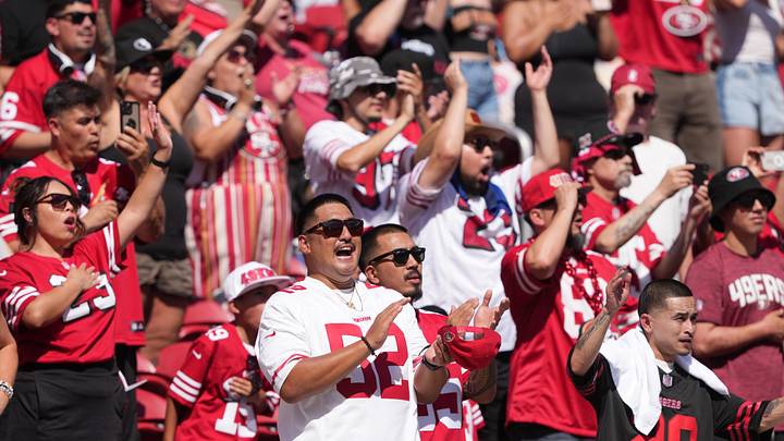 Santa Clara, California, USA; San Francisco 49ers fans cheer before the game against the Arizona Cardinals at Levi's Stadium. Mandatory Credit: Darren Yamashita-Imagn Images Santa Clara, California, USA; San Francisco 49ers fans cheer before the game against the Arizona Cardinals at Levi's Stadium. Mandatory Credit: Darren Yamashita-Imagn Images