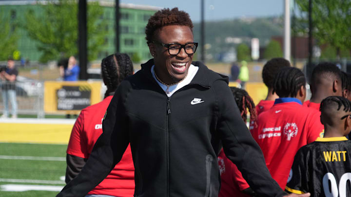 Apr 22, 2026; Pittsburgh, PA, USA; Tennessee Volunteers defensive back Colton Hood during the NFL Draft prospects clinic at Hazelwood Green Park. Mandatory Credit: Kirby Lee-Imagn Images