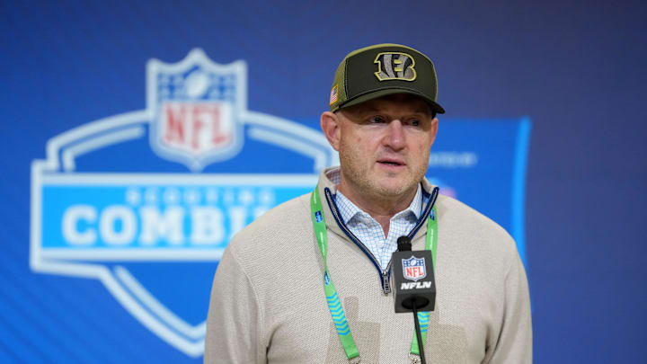 Feb 24, 2026; Indianapolis, IN, USA; Cincinnati Bengals general manager Duke Tobin speaks at the NFL Scouting Combine at the Indiana Convention Center. Mandatory Credit: Kirby Lee-Imagn Images