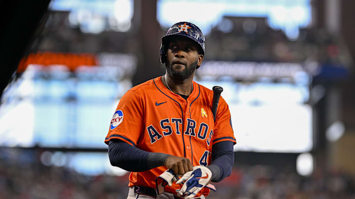 Houston Astros left fielder Yordan Alvarez looks on.