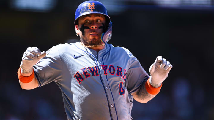 Aug 4, 2024; Anaheim, California, USA; New York Mets catcher Francisco Alvarez (4) doubles against the Los Angeles Angels during the sixth inning at Angel Stadium. Mandatory Credit: Jonathan Hui-USA TODAY Sports Aug 4, 2024; Anaheim, California, USA; New York Mets catcher Francisco Alvarez (4) doubles against the Los Angeles Angels during the sixth inning at Angel Stadium. Mandatory Credit: Jonathan Hui-USA TODAY Sports