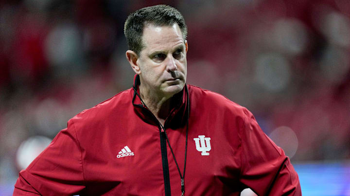 Indiana Hoosiers head coach Curt Cignetti walks the field Friday, Jan. 9, 2026, ahead of the Peach Bowl and semifinal game of the College Football Playoff against the Oregon Ducks at Mercedes-Benz Stadium in Atlanta.