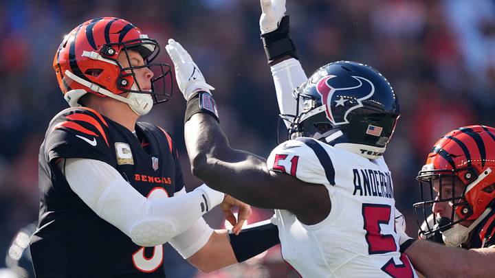 Nov 12, 2023; Cincinnati, Ohio, USA; Houston Texans defensive end Will Anderson Jr. (51) is penalized for roughing the passer on Cincinnati Bengals quarterback Joe Burrow (9) in the first quarter of a Week 10 NFL football game between the Houston Texans and the Cincinnati Bengals at Paycor Stadium. Mandatory Credit: Kareem Elgazzar-USA TODAY Sports Nov 12, 2023; Cincinnati, Ohio, USA; Houston Texans defensive end Will Anderson Jr. (51) is penalized for roughing the passer on Cincinnati Bengals quarterback Joe Burrow (9) in the first quarter of a Week 10 NFL football game between the Houston Texans and the Cincinnati Bengals at Paycor Stadium. Mandatory Credit: Kareem Elgazzar-USA TODAY Sports