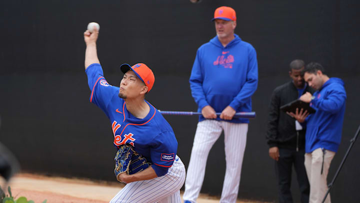 Feb 19, 2024; Port St. Lucie, FL, USA; New York Mets starting pitcher Kodai Senga (34) warms-up