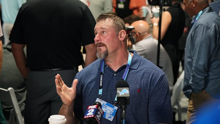 Apr 1, 2025; Palm Beach, FL, USA;  Detroit Lions head coach Dan Campbell answers questions from the media during the NFL Annual League Meeting at The Breakers. Mandatory Credit: Jim Rassol-Imagn Images