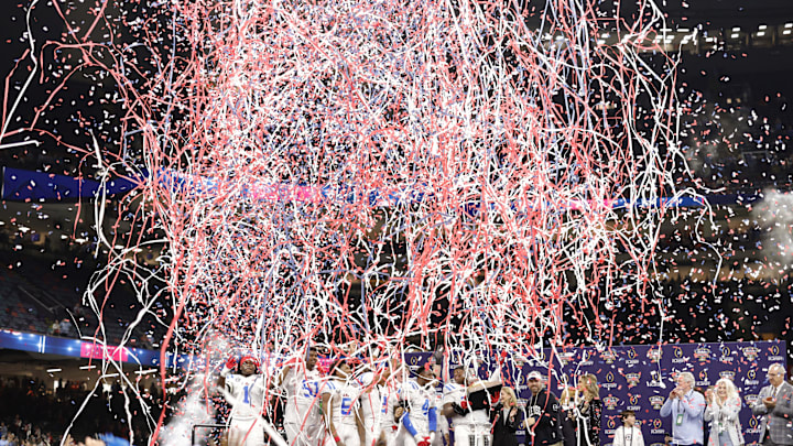 Jan 1, 2026; New Orleans, LA, USA; Mississippi Rebels players celebrate after defeating the Georgia Bulldogs during the 2026 Sugar Bowl and quarterfinal game of the College Football Playoff at Caesars Superdome. Mandatory Credit: Amber Searls-Imagn Images Jan 1, 2026; New Orleans, LA, USA; Mississippi Rebels players celebrate after defeating the Georgia Bulldogs during the 2026 Sugar Bowl and quarterfinal game of the College Football Playoff at Caesars Superdome. Mandatory Credit: Amber Searls-Imagn Images