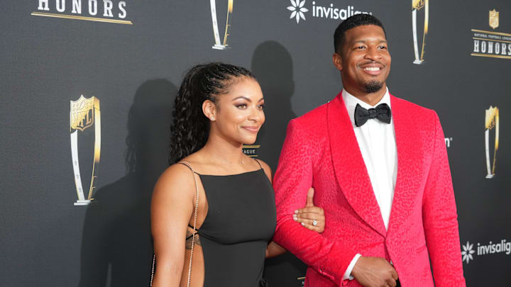 Feb 6, 2025; New Orleans, LA, USA;  Jameis Winston and his wife Brieon Winston on the red carpet before Super Bowl LIX NFL Honors at Saenger Theatre. Mandatory Credit: Kirby Lee-Imagn Images