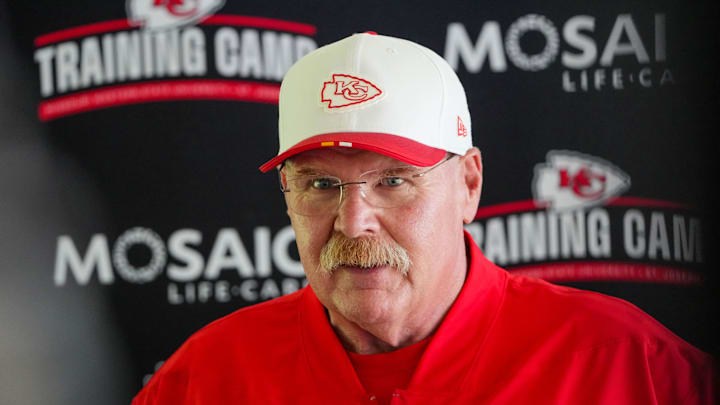 Jul 22, 2025; St. Joseph, MO, USA; Kansas City Chiefs head coach Andy Reid speaks to media after training camp at Missouri Western State University. Mandatory Credit: Denny Medley-Imagn Images Jul 22, 2025; St. Joseph, MO, USA; Kansas City Chiefs head coach Andy Reid speaks to media after training camp at Missouri Western State University. Mandatory Credit: Denny Medley-Imagn Images
