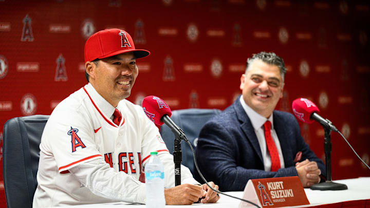 Oct 22, 2025; Los Angeles, CA, USA; Los Angeles Angels manager Kurt Suzuki speaks during a press conference at Angel Stadium. Mandatory Credit: William Liang-Imagn Images Oct 22, 2025; Los Angeles, CA, USA; Los Angeles Angels manager Kurt Suzuki speaks during a press conference at Angel Stadium. Mandatory Credit: William Liang-Imagn Images