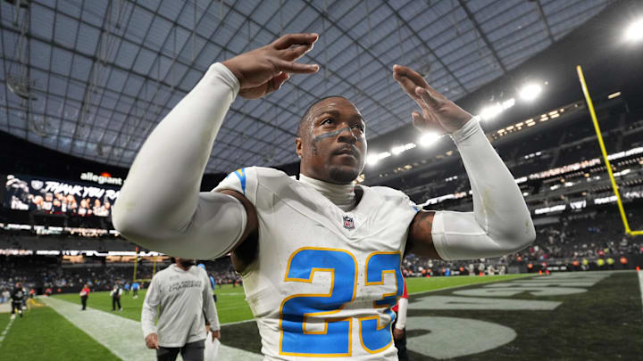 Los Angeles Chargers safety Tony Jefferson (23) celebrates after the game against the Las Vegas Raiders at Allegiant Stadium. Los Angeles Chargers safety Tony Jefferson (23) celebrates after the game against the Las Vegas Raiders at Allegiant Stadium.