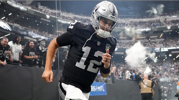 Jan 5, 2025; Paradise, Nevada, USA; Las Vegas Raiders quarterback Aidan O'Connell (12) enters the field before the game against the Los Angeles Chargers at Allegiant Stadium. Mandatory Credit: Kirby Lee-Imagn Images Jan 5, 2025; Paradise, Nevada, USA; Las Vegas Raiders quarterback Aidan O'Connell (12) enters the field before the game against the Los Angeles Chargers at Allegiant Stadium. Mandatory Credit: Kirby Lee-Imagn Images