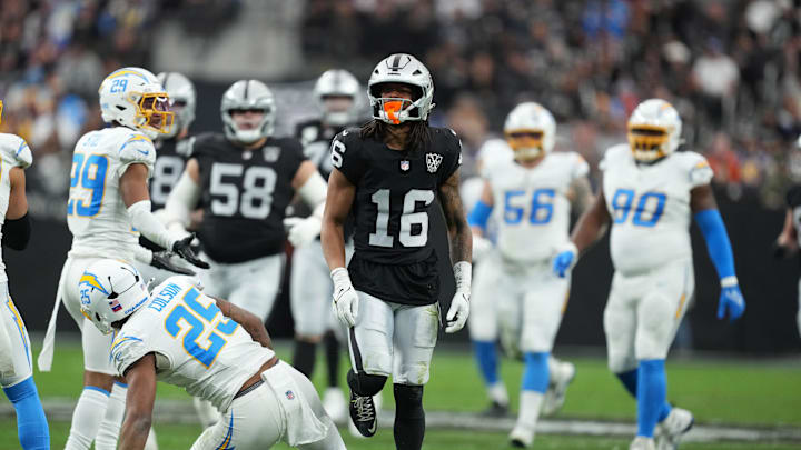Jan 5, 2025; Paradise, Nevada, USA; Las Vegas Raiders wide receiver Jakobi Meyers (16) celebrates after a first down against the Los Angeles Chargers in the first half at Allegiant Stadium. Mandatory Credit: Kirby Lee-Imagn Images