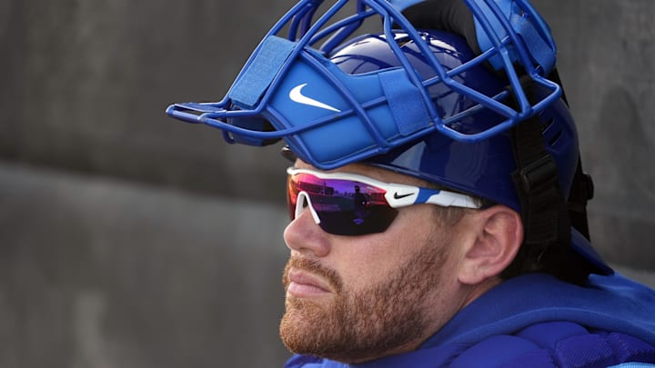 Feb 12, 2026; Mesa, AZ, USA; Chicago Cubs catcher Carson Kelly (15) works out during spring training camp at Sloan Park. Mandatory Credit: Rick Scuteri-Imagn Images