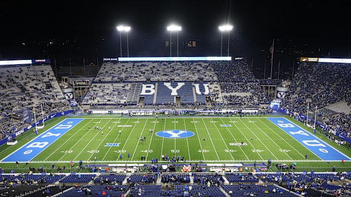 Nov 16, 2024; Provo, Utah, USA; A general view of LaVell Edwards Stadium before the game between the Brigham Young Cougars and the Kansas Jayhawks. Mandatory Credit: Rob Gray-Imagn Images