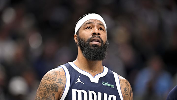 Jan 27, 2025; Dallas, Texas, USA; Dallas Mavericks forward Markieff Morris (88) looks on during the second half against the Washington Wizards at the American Airlines Center. Mandatory Credit: Jerome Miron-Imagn Images