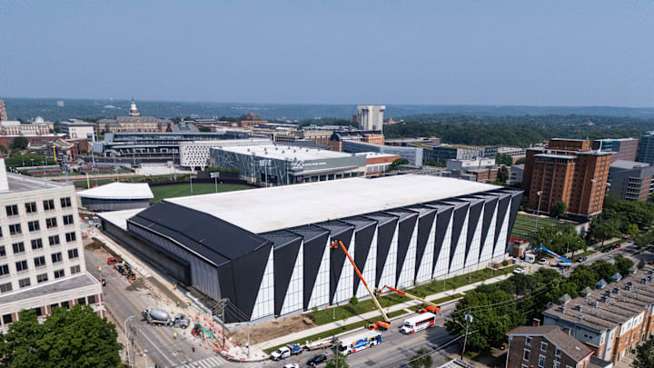 Construction continues on the new Sheakley Indoor Practice Facility and Sheakley Athletics Performance Center at the University of Cincinnati in Cincinnati, Ohio, on Wednesday, June 4, 2025.