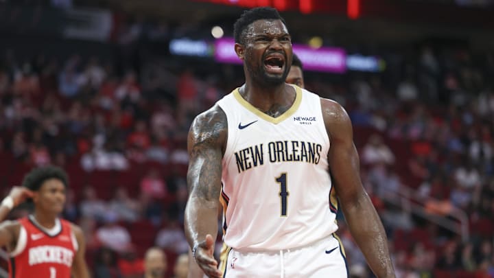 Mar 8, 2025; Houston, Texas, USA;  New Orleans Pelicans forward Zion Williamson (1) reacts after a call during the third quarter against the Houston Rockets at Toyota Center. Mandatory Credit: Troy Taormina-Imagn Images