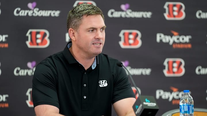 Cincinnati Bengals head coach Zac Taylor speaks during a press conference to announce the signing of new contracts for Cincinnati Bengals wide receivers Ja’Marr Chase and Tee Higgins at Paycor Stadium in downtown Cincinnati on Tuesday, March 18, 2025. Chase becomes the new highest-paid non-quarterback player in the NFL.